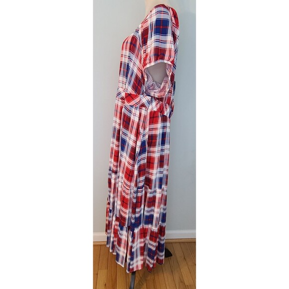 Torrid Challis Puff Sleeve Tiered Maxi Dress Plaid Red & Blue 3X 22/24 Americana - Picture 6 of 15